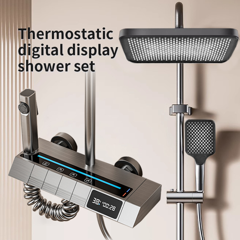 Home Bathroom Set - 家庭用バスルーム用恒温デジタルピアノシャワーヘッドセット、グレー、圧力スプレーヘッド