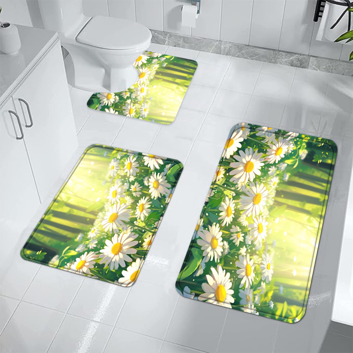Home Made Bathroom Vanity - デイジー柄バスマットセット、春の花柄プリント、バスルーム用デコレーション、洗面台マット、バスルームアクセント用
