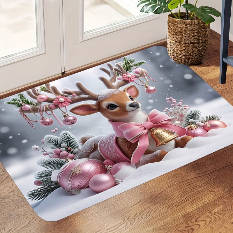 Home Bathroom Scene - ピンクのクリスマス・トナカイ柄フランネル製ドアマット、リボン・ベル・オーナメント付き、雪景色・松の枝模様、滑り止め付き、玄関用ホリデーデコレーションラグ