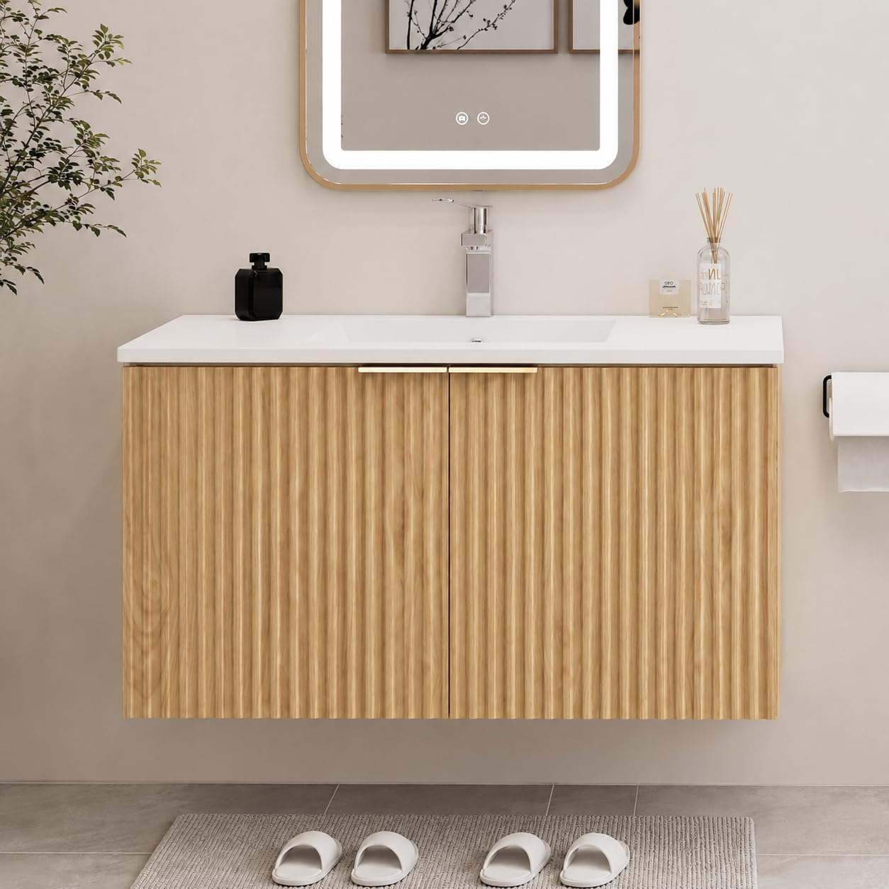 Home For Bathroom - モダンなフローティング式洗面化粧台、波状テクスチャの扉付き壁掛け収納キャビネット、ソフトクローズヒンジ、セラミック製洗面ボウル、家庭用トイレオーガナイザー