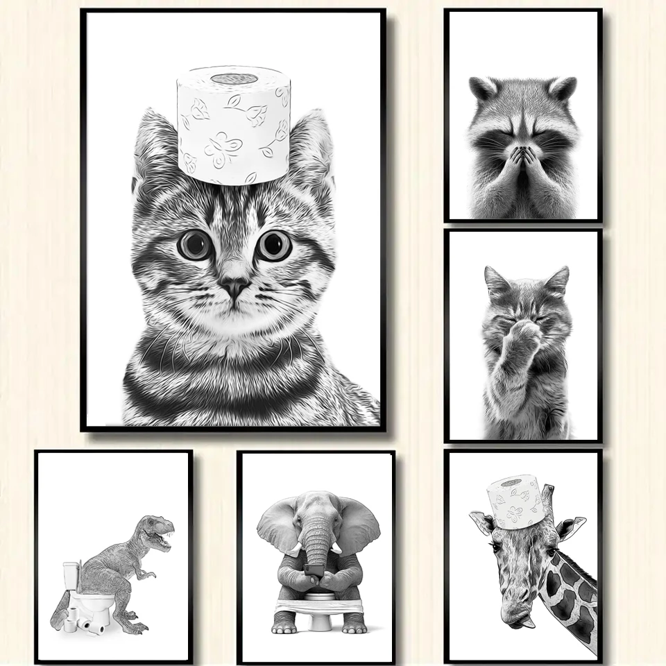 Home Bathroom Wallpaper - かわいい猫象犬キリン豚トイレットペーパー浴槽キャンバス絵画面白い浴室ポスタープリント壁アートホームルーム装飾