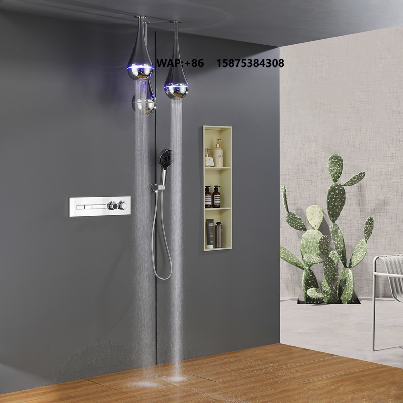 Home Bathroom Set - 2026年新登場 ブラッシュ仕上げ スマートホーム対応 壁掛けLEDシャワーヘッド レイン4機能 高級シャワーミキサーセット