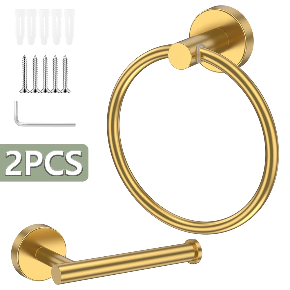 Home Hardware Bathroom Accessories - 2個入りトイレットペーパーホルダーとタオルリングセットステンレス鋼バスタオルハンガー壁掛け浴室金具アクセサリー家庭用