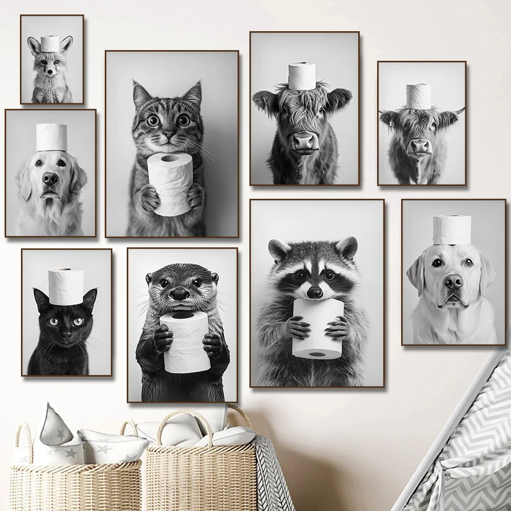 Home Bathroom Wallpaper - ハイランドカウ、カワウソ、猫、アライグマ、トイレットペーパーのポスタープリントキャンバス、バスルームの壁、面白いトイレのユーモア、家の装飾