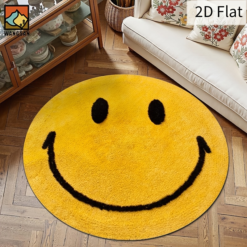 Home Bathroom Rugs - 2Dラウンドフランネルラグ スマイルフェイスデザイン ソフトフロアマット ホームデコレーション キッズルーム プレイエリア
