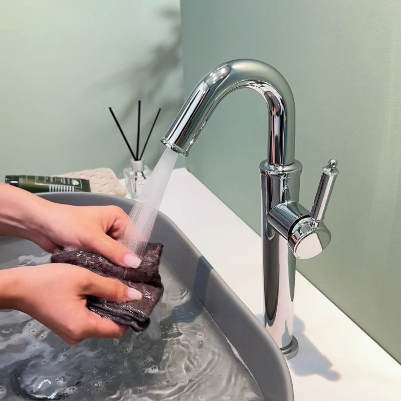 Basin Mixer Tap - カウンタートップ洗面器用背の高いステンレス製混合水栓 – 温水・冷水対応 – 浴室洗面台用隆起型モデル