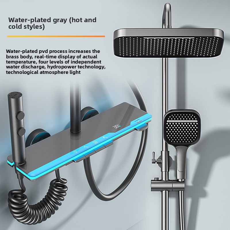 Home Bathroom Set - スマートデジタルディスプレイ付きサーモスタットシャワーセット、アンビエント照明、真鍮製、大容量収納、ホームバスルームコレクション