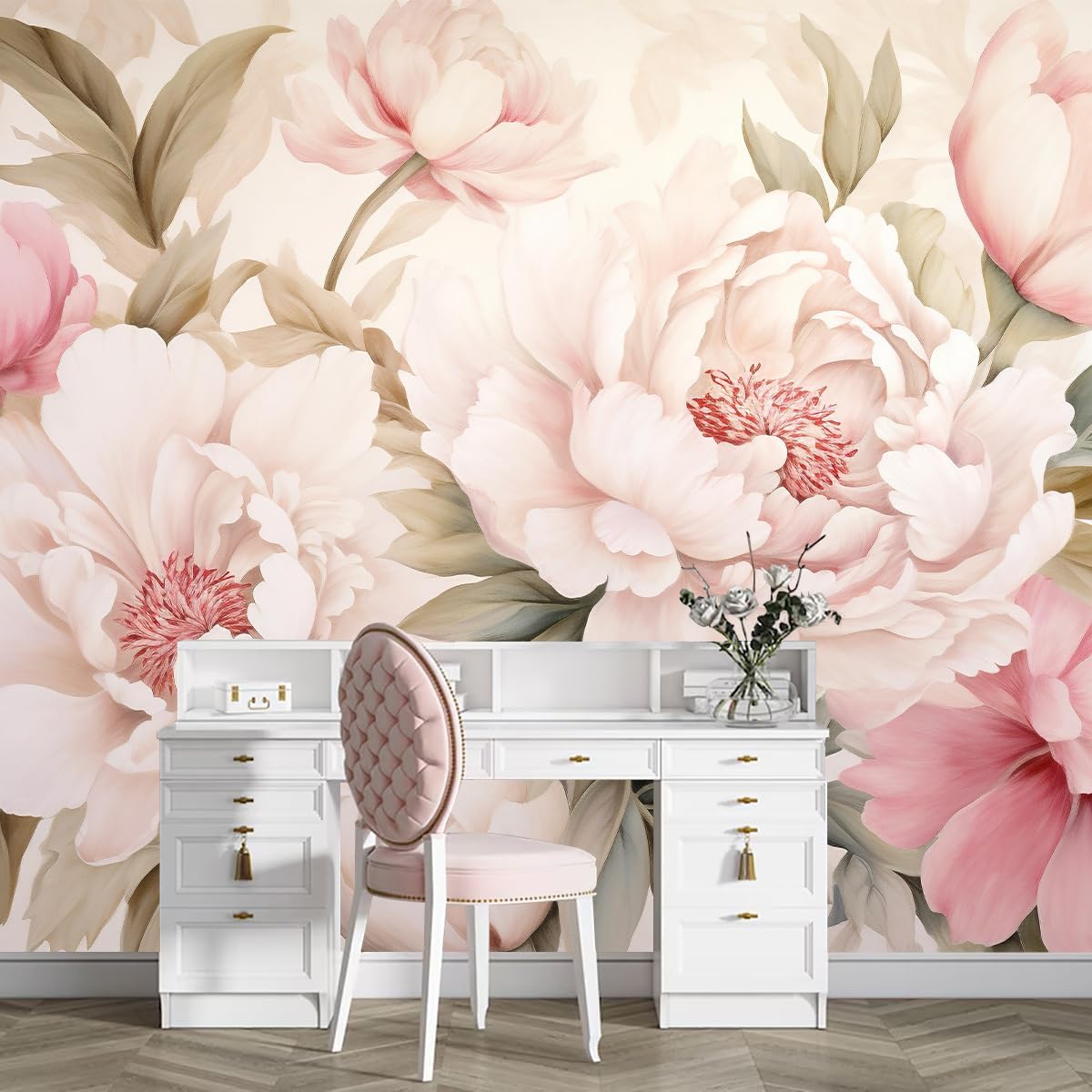 Home Bathroom Wallpaper - エレガントな牡丹の花柄壁画壁紙化粧台デスクメイクアップテーブルセット、ロマンチックな寝室、バスルームの装飾に
