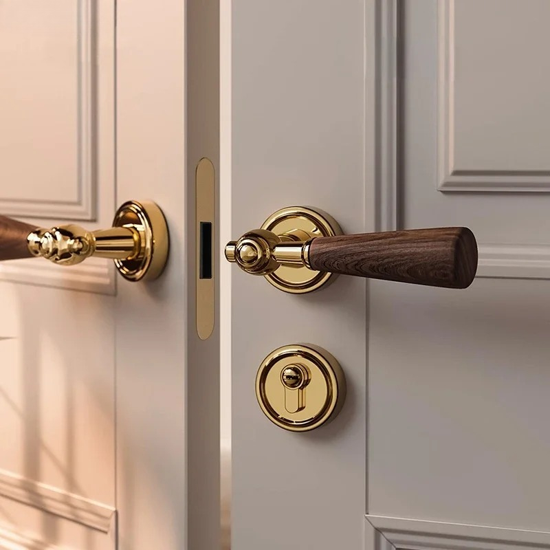 Home Hardware Bathroom Accessories - クルミ材ハンドル亜鉛合金サイレントドアロックホームセーフティドアロック分割ロックハードウェアアクセサリー両面ハンドルロック