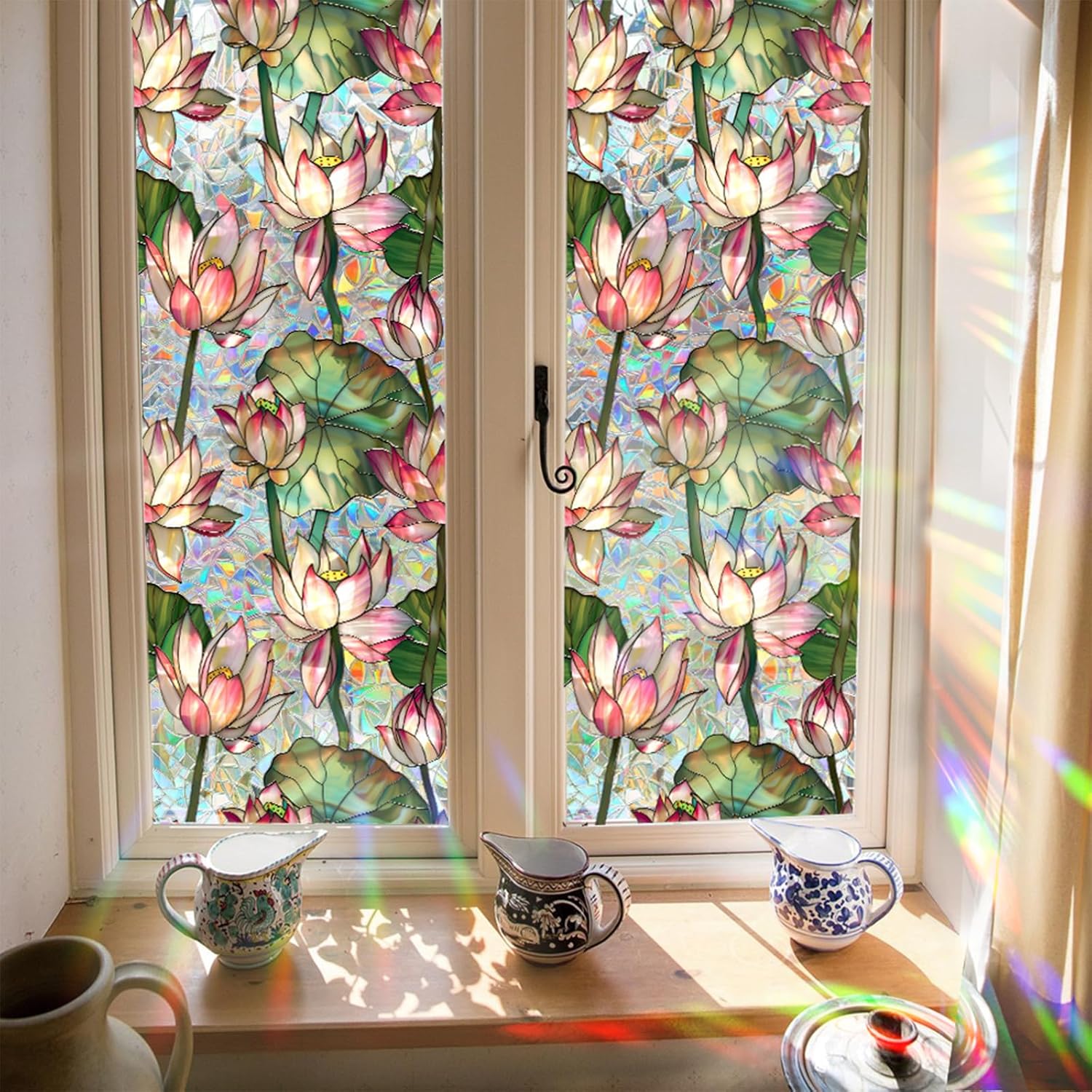 蓮の花ステンドグラスウィンドウフィルム、レインボーウィンドウ - Home Bathroom Window Tint のレビューと価格