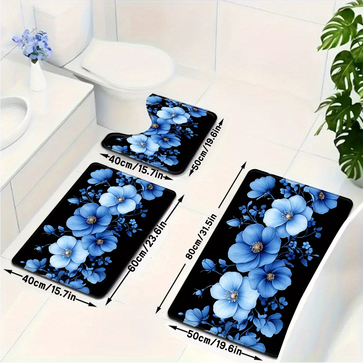 青い花柄のバスマットセット、滑り止めバスマット3点セット、バ - Home Made Bathroom Vanity のレビューと価格