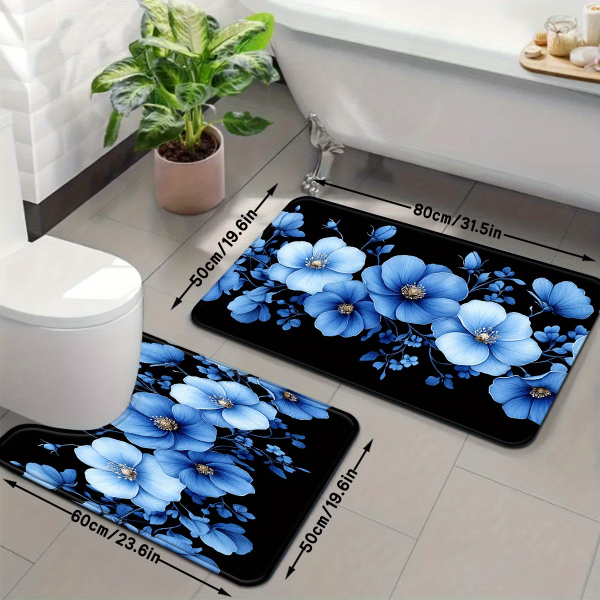 青い花柄のバスマットセット、滑り止めバスマット3点セット、バ - Home Made Bathroom Vanity のレビューと価格