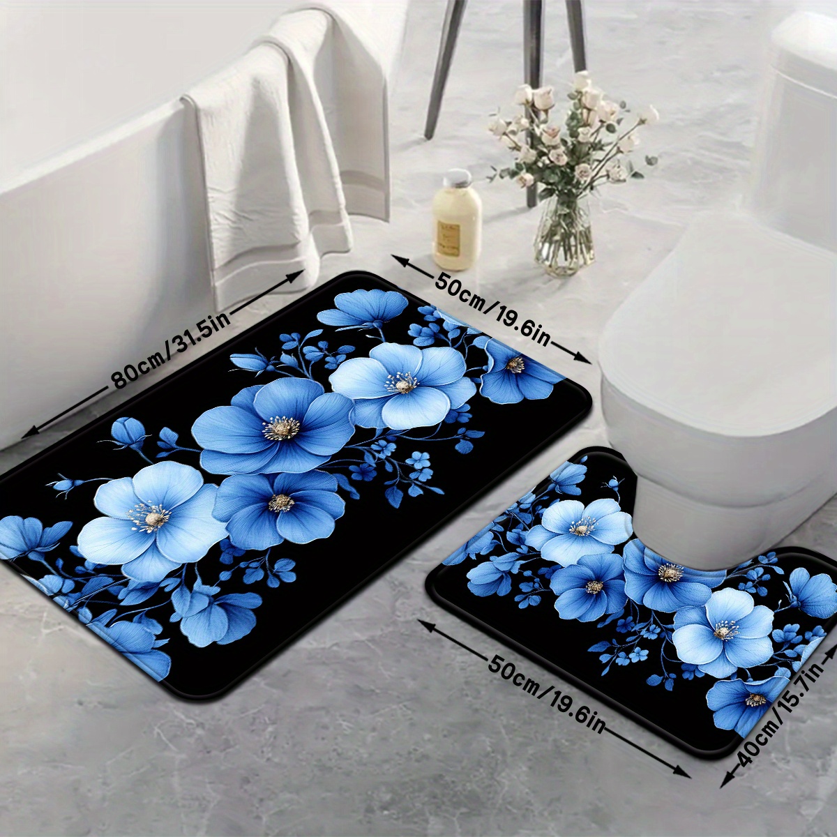 青い花柄のバスマットセット、滑り止めバスマット3点セット、バ - Home Made Bathroom Vanity のレビューと価格