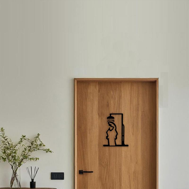 黒いシャワーフィギュア壁飾りミニマリストラインメタルバスルー - Home Bathroom Door Signs のレビューと価格