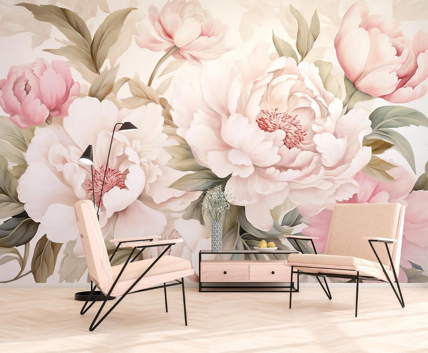 エレガントな牡丹の花柄壁画壁紙化粧台デスクメイクアップテーブ - Home Bathroom Wallpaper のレビューと価格