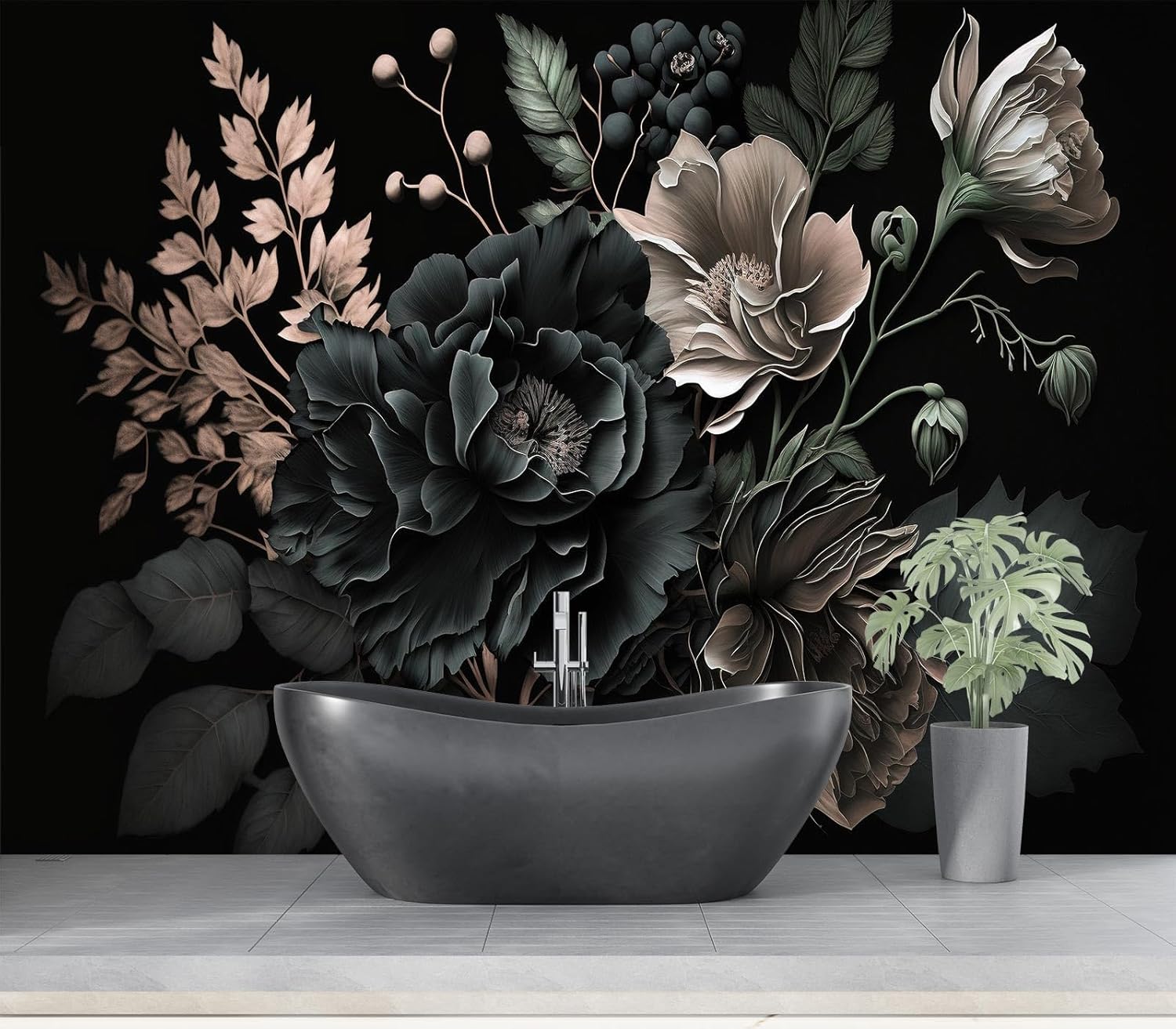 ドラマティックなダークフローラルボタニカル牡丹タペストリー壁 - Home Bathroom Wallpaper のレビューと価格