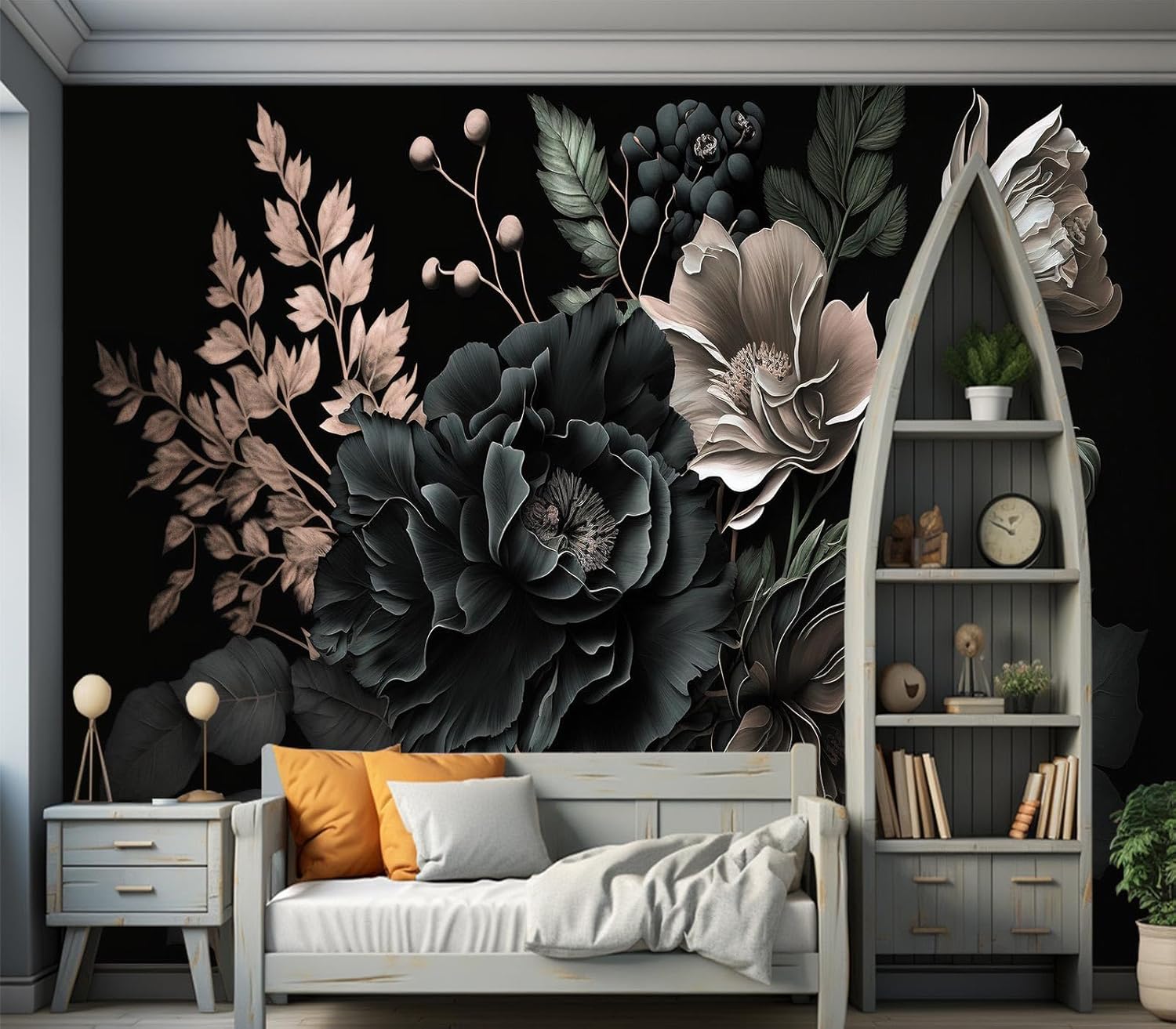 ドラマティックなダークフローラルボタニカル牡丹タペストリー壁 - Home Bathroom Wallpaper のレビューと価格